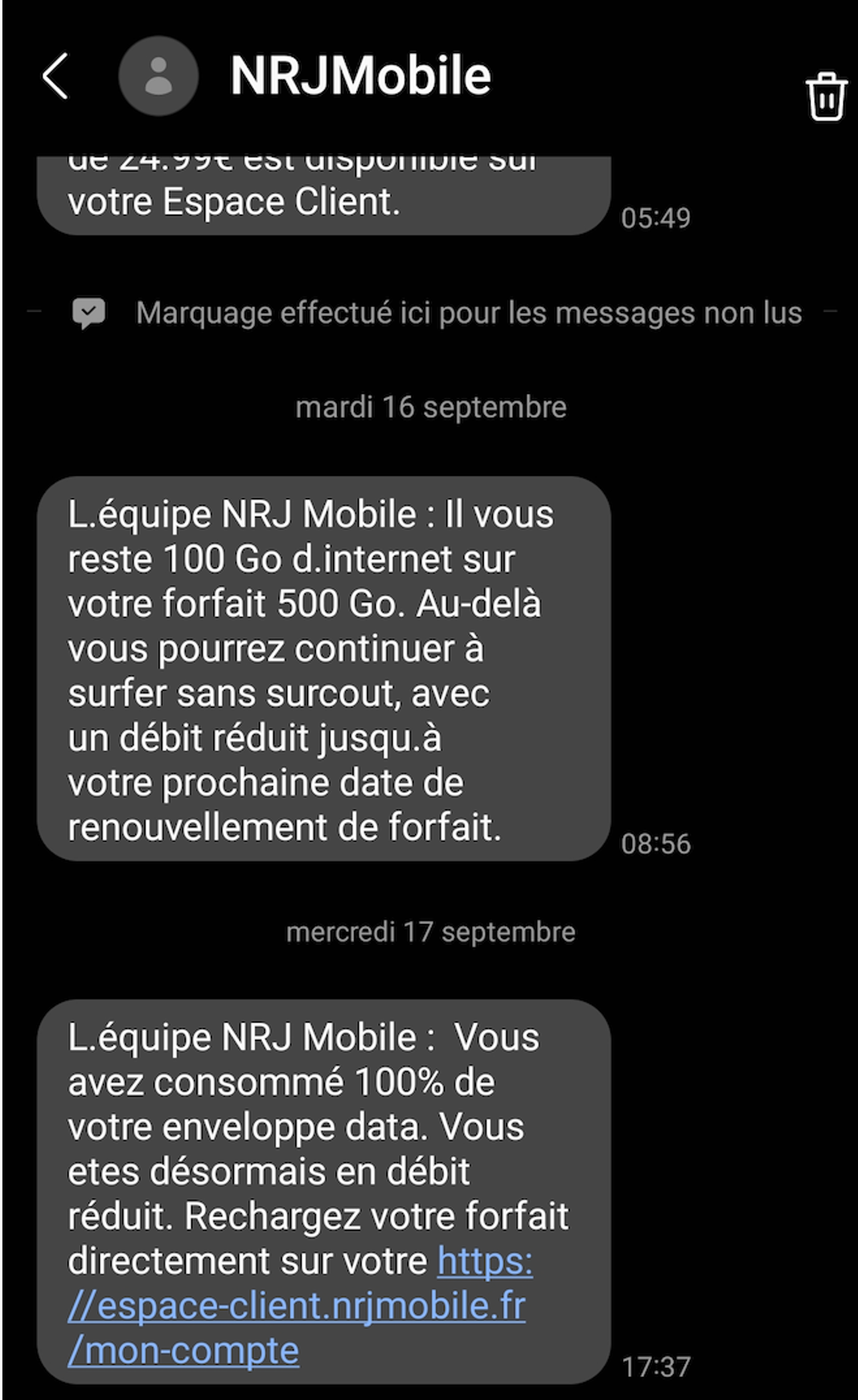 SMS reçu pour recharger le forfait illimité sur l'espace client