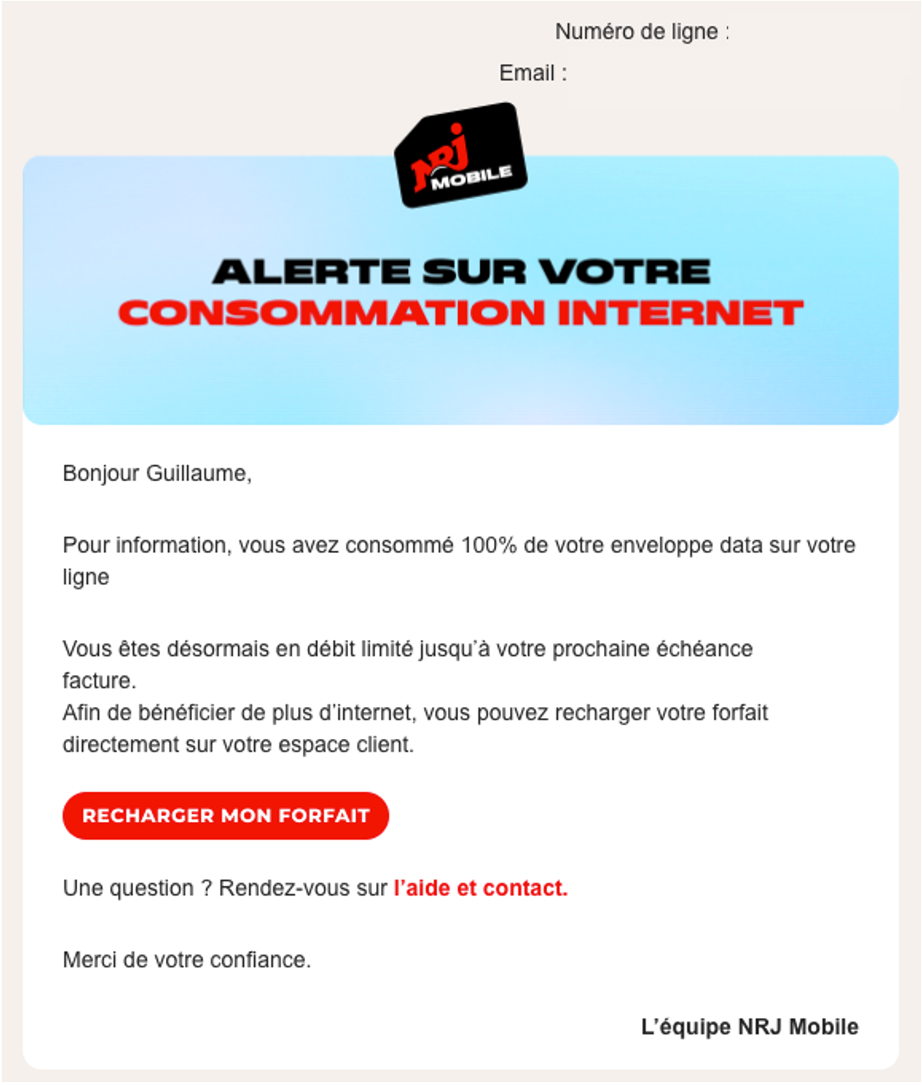 E-mail reçu pour recharger le forfait illimité sur l'espace client